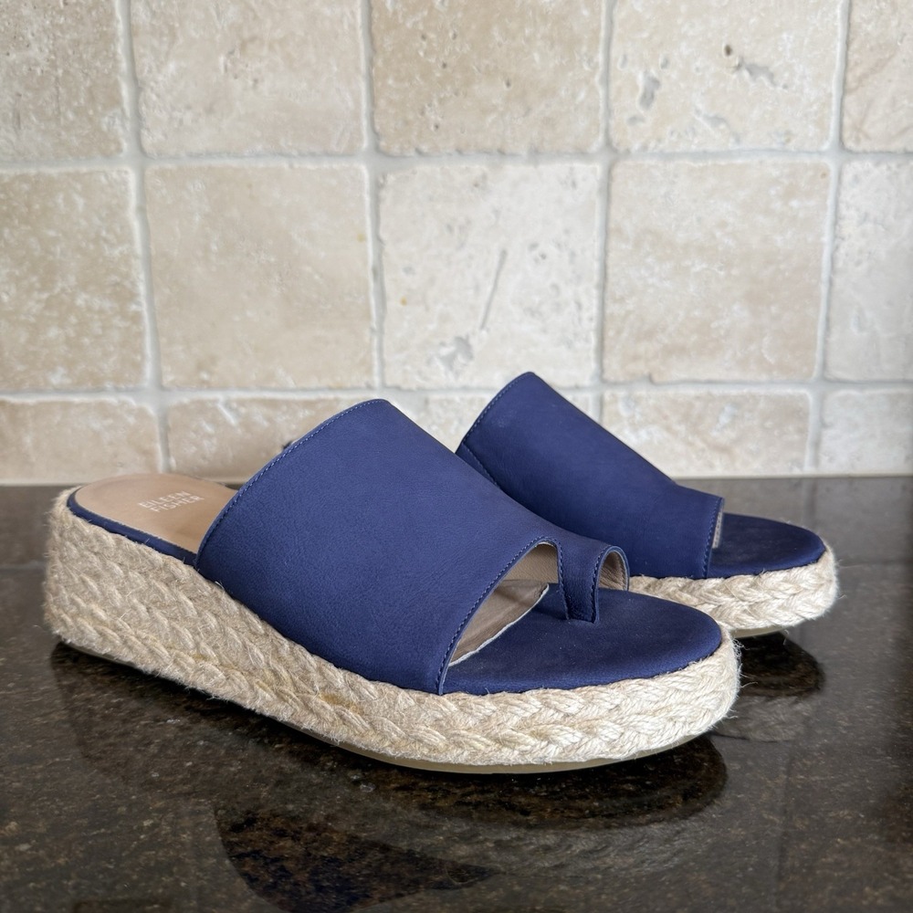 Eileen Fisher Tarry Espardrille Wedge Slide 10 Blue Coastal Nubuck Leather